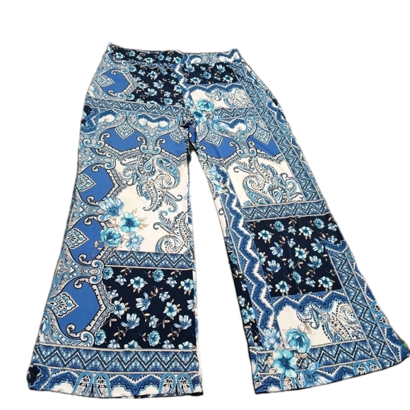 Wmns Boston Proper Palazzo Pants Blue Wide Leg Paisley Floral Boho Sz L Flowy - Picture 1 of 5
